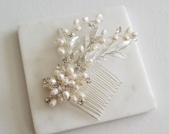Freshwater Pearl Wedding Hair Comb, Silver Pearl Crystal Bridal Hair Comb, Pearl Hair Comb for Bride
