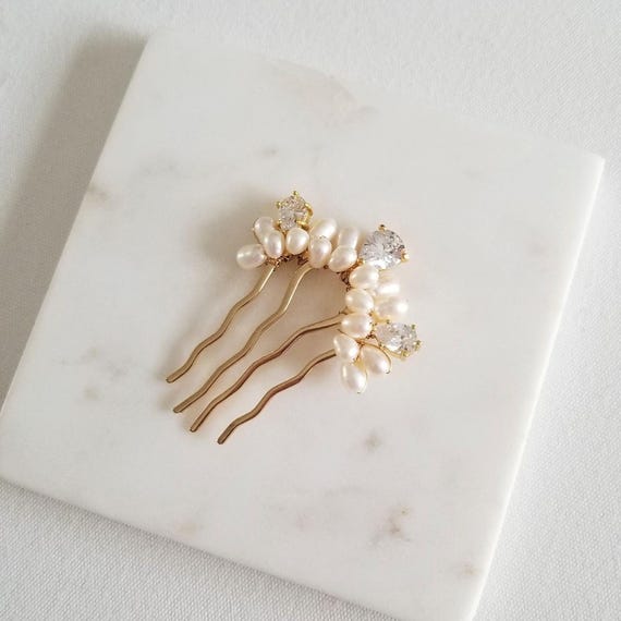 Small Bridal Hair Comb, Freshwater Pearl, Cubic Zirconia Hair Accessory for Bride