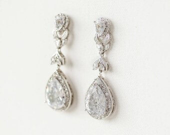 Long Drop Wedding Earrings With Cubic Zirconias, Statement Bridal Earrings,  CZ Bridal Earrings For Bride