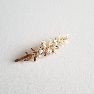 Gold Leaf Wedding Hair Clip with Pearls, Small Wedding Hair Accessory, CZ Bridal Side Hair Clip, CZ Freshwater Pearl Wedding Bobby Pin image 4