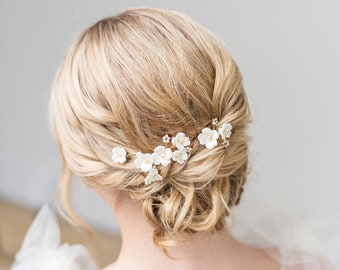 Wedding Hair Pin with Porcelain Flowers, Floral Bridal Hair Pins, Freshwater Pearl Flower Hair Pins For Bride