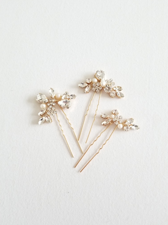 Crystal Wedding Hair Pins With Freshwater Pearls, Set of 