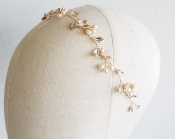 Freshwater Pearl Gold Bridal Hair Vine, Floral Wedding Headpiece with Rose Quartz Stones For Bride