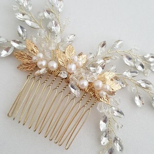 Bridal Hair Comb Freshwater Pearl, Gold Crystal Wedding Hair Comb, Silver Crystal Hair Comb, Wedding Headpiece, Gold Leaf Hairpiece image 3