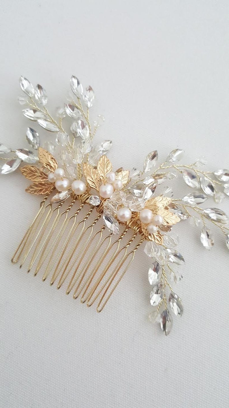 Bridal Hair Comb Freshwater Pearl, Gold Crystal Wedding Hair Comb, Silver Crystal Hair Comb, Wedding Headpiece, Gold Leaf Hairpiece image 3