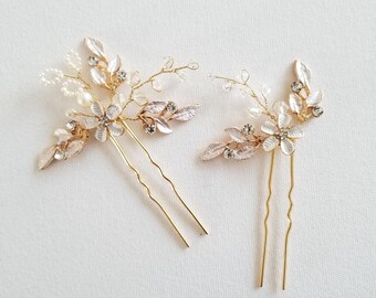 Floral Bridal Hair Pins, Freshwater Pearls, Swarovski Crystals, Gold/Silver Finish, Set of 2