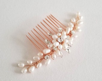 Freshwater Pearl Wedding Hair Comb, Small Pearl Crystal Bridal Hair Comb, Rose Gold Pearl Hair Comb for Bride