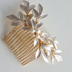 Gold Leaf Hair Comb, Bridal Hair Comb, Gold Wedding Headpiece, Silver Pearl Hair Comb, Olive Branch Hair Comb image 4