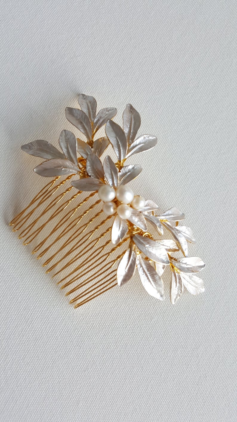 Gold Leaf Hair Comb, Bridal Hair Comb, Gold Wedding Headpiece, Silver Pearl Hair Comb, Olive Branch Hair Comb image 4