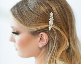 CZ Pearl Bridal Hair Clip, Minimalist Wedding Headpiece for Bride, Silver or Gold Color