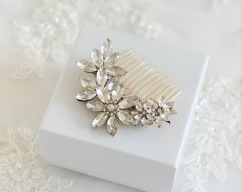 Crystal Bridal Hair Comb, Gold Bridal Hair Comb, Floral Crystal Wedding Hair Comb, Side Hair Comb For Bride