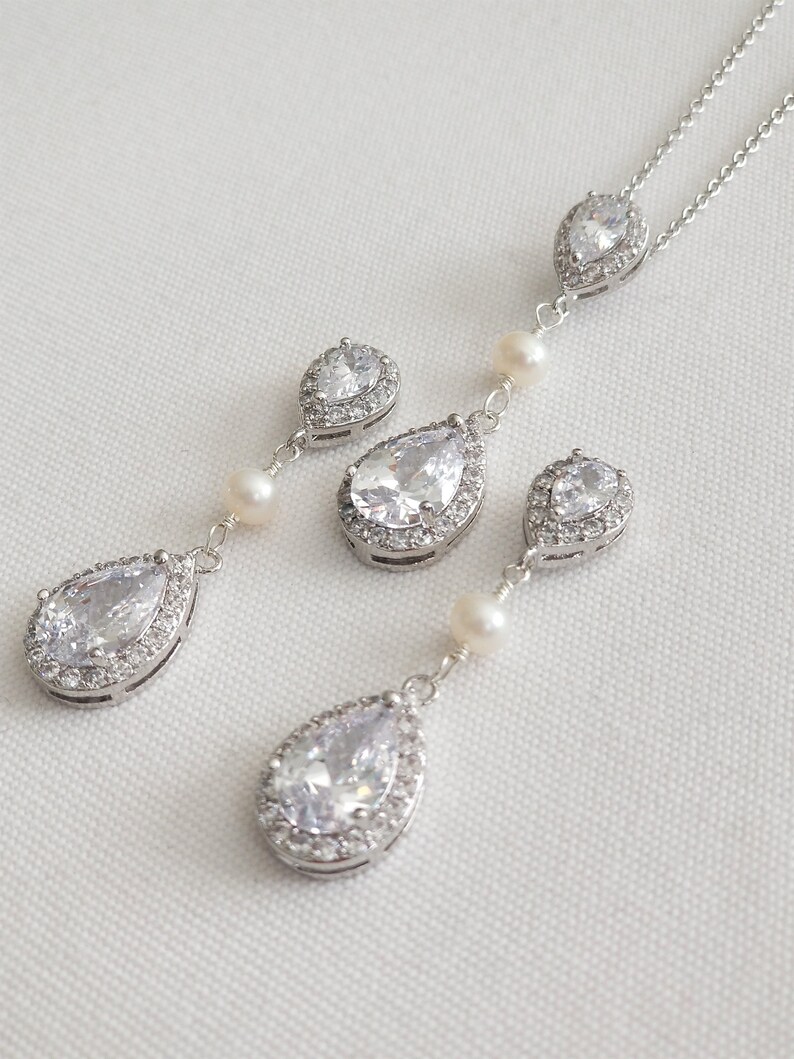 CZ Bridal Earrings Wedding Jewelry Bridal Necklace /& Earrings Pearl Bridal Jewelry Set