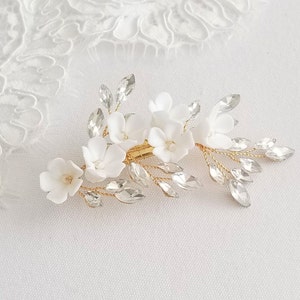 Gold Wedding Hair Clip Porcelain Flowers, Small Silver Floral Wedding Hair Clip, Clay Flower Bridal Hair Clip