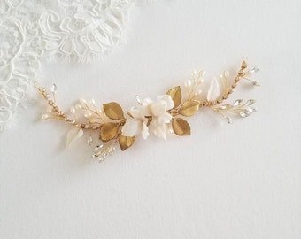 Wedding Hair Vine, Clay Flowers with Freshwater Pearls Headpiece, Crystal Pearl Hair Vine, Polymer Flower Headpiece for Bride