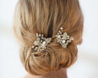 Wedding Hair Pins Crystal with Freshwater Pearls, Silver Floral Bridal Hair Sticks with Pearls