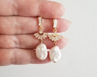 Freshwater Pearl Drop Cubic Zirconia Bridal Earrings, Art Deco Style Jewelry for Bride