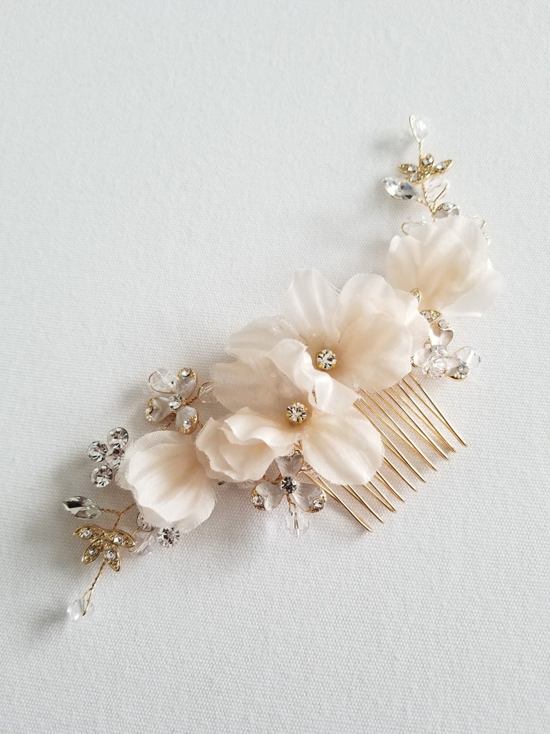 Bridal Hair Comb, Wedding Headpiece, Floral Crystal Hair Comb, Gold Blush Pink Wedding Comb, Bridal Floral Hairpiece image 5