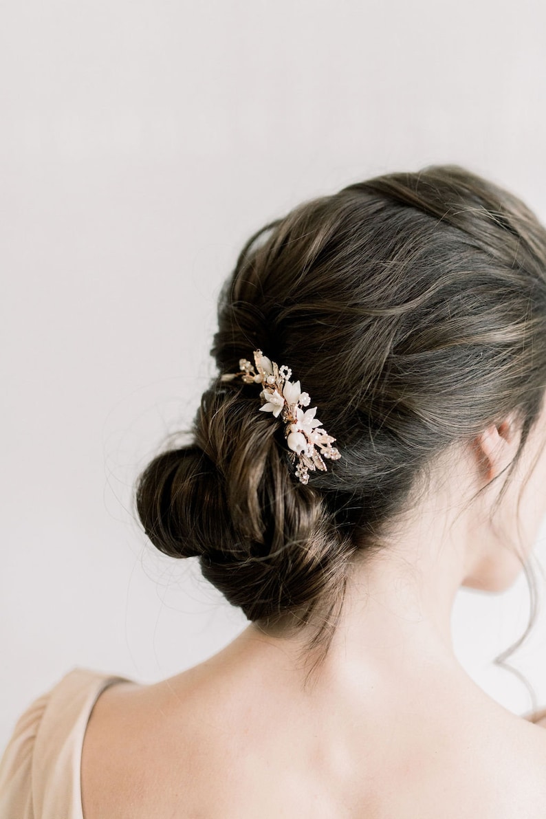 Rose Gold Wedding Hair Comb Porcelain Flowers Crystal Clay Flower Bridal Hair Comb Rose Gold Floral Wedding Hair Comb