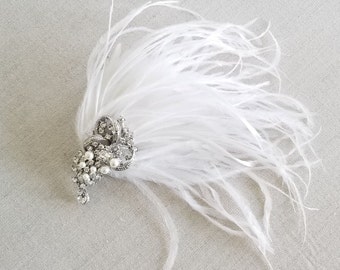 White Feather Headpiece For Bride, Feather Pearl Crystal Wedding Hair Accessory, Feather Facinator Hair Clip for Wedding