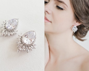 Cubic Zirconia Wedding Earrings, Silver Brides Stud Earrings, Rose Gold Bridal Earrings, Gold CZ Wedding Earrings