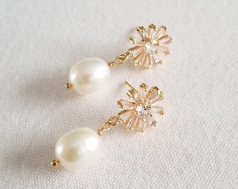 Small Pearl Drop Gold Bridal Earrings, Freshwater Pearl Earrings For Bride, Art Deco Pearl Wedding Earrings