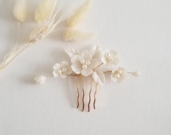 Wedding Hair Comb With Polymer Clay Flowers, Freshwater Pearls, Hair Accessory For Bride
