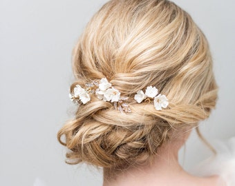 Wedding Hair Pin with Porcelain Flowers, Floral Bridal Hair Pins, Gold Flower Hair Pins For Bride