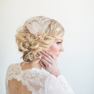 Bridal Gold Blush Pink Feather Headpiece, Champagne Wedding Feather Fascinator, Wedding Feather Hairpiece image 6