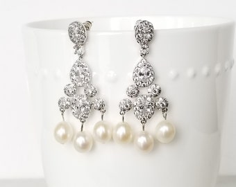 Freshwater Pearl Wedding Earrings, Pearl CZ Chandelier Earrings, Pearl Statement Earrings