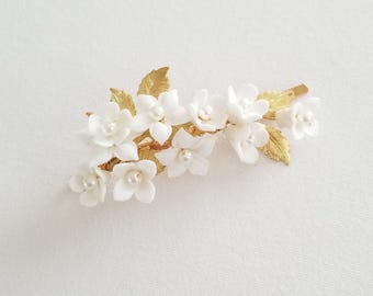 Pinza lateral para el cabello de novia, flor de porcelana, hoja de oro, accesorio para el cabello de boda con perlas