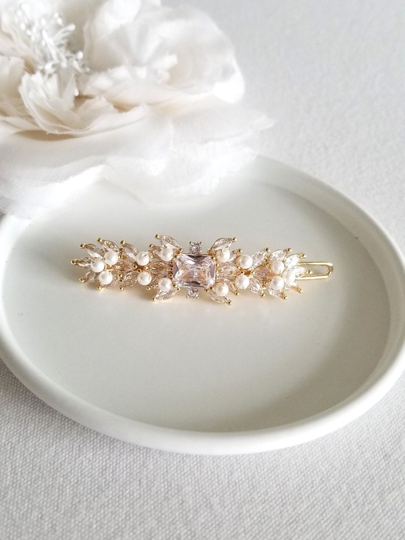 Wedding Pearl Hair Clip, Wedding Hair Accessory, CZ Pearl Bridal Hair Clip, Crystal Hair Clip, Wedding Headpiece image 4