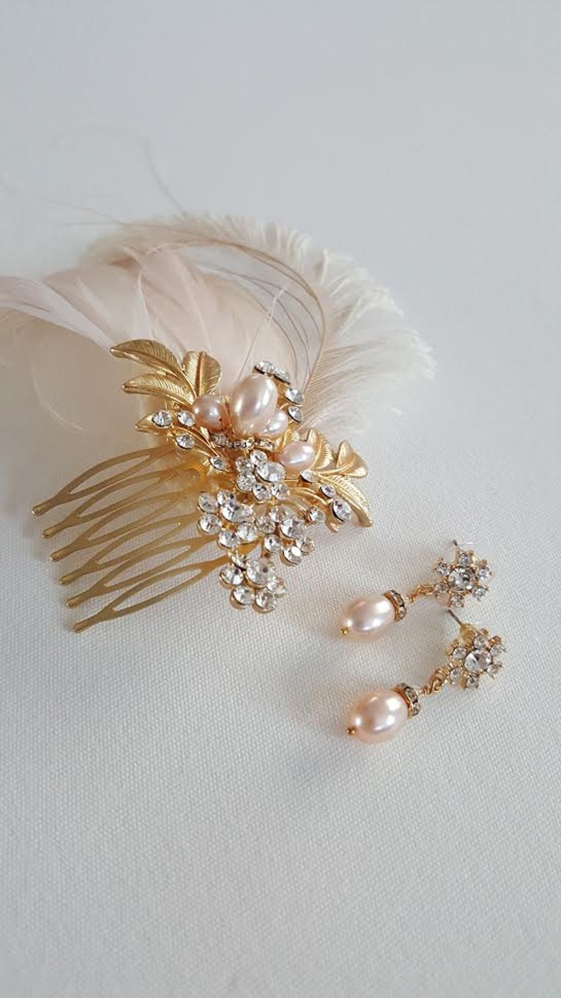 Bridal Gold Blush Pink Feather Headpiece, Champagne Wedding Feather Fascinator, Wedding Feather Hairpiece image 5