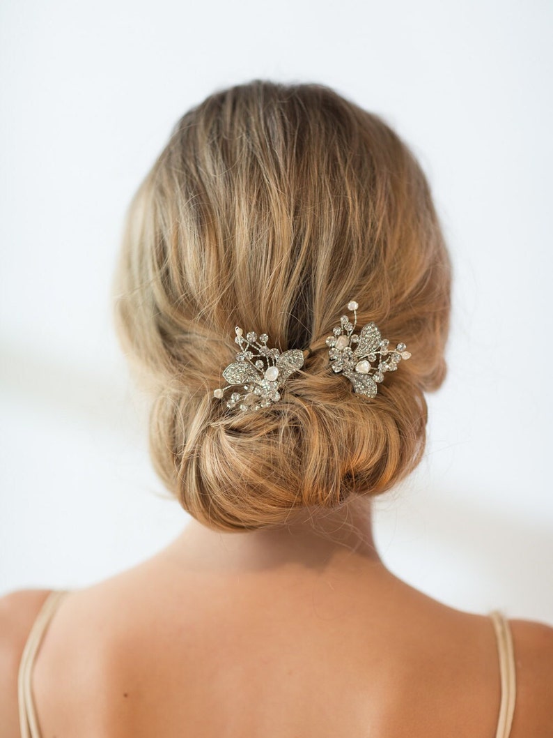 Wedding Hair Pins Crystal with Freshwater Pearls, Silver Floral Bridal Hair Sticks with Pearls image 2