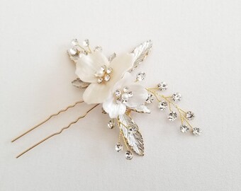 Bridal Hair Pin with Polymer flowers and Crystal Rhinestones, Gold Floral Hair Pin For Bride