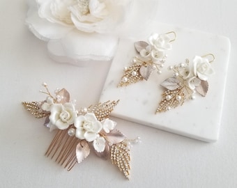 Floral Gold Bridal Hair Comb, Porcelain Flowers, Pearls and Crystals
