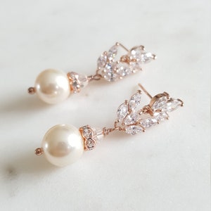 Rose Gold Pearl Wedding Earrings,  CZ Pearl Drop Bridal Earrings, Wedding Jewelry, Pearl Wedding Earrings ForThe Bride