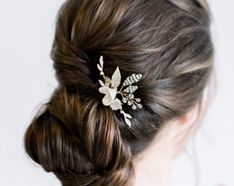 Gold Wedding Hair Pin with Porcelain Flowers, Gold Floral Bridal Hair Pins, Porcelain Flower Wedding Hair Pins