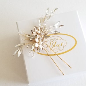 Floral Wedding Hair Pin, Gold Crystal Hair Pin For Bride, Wedding Pearl and Crystal Gold Hair Pin image 5
