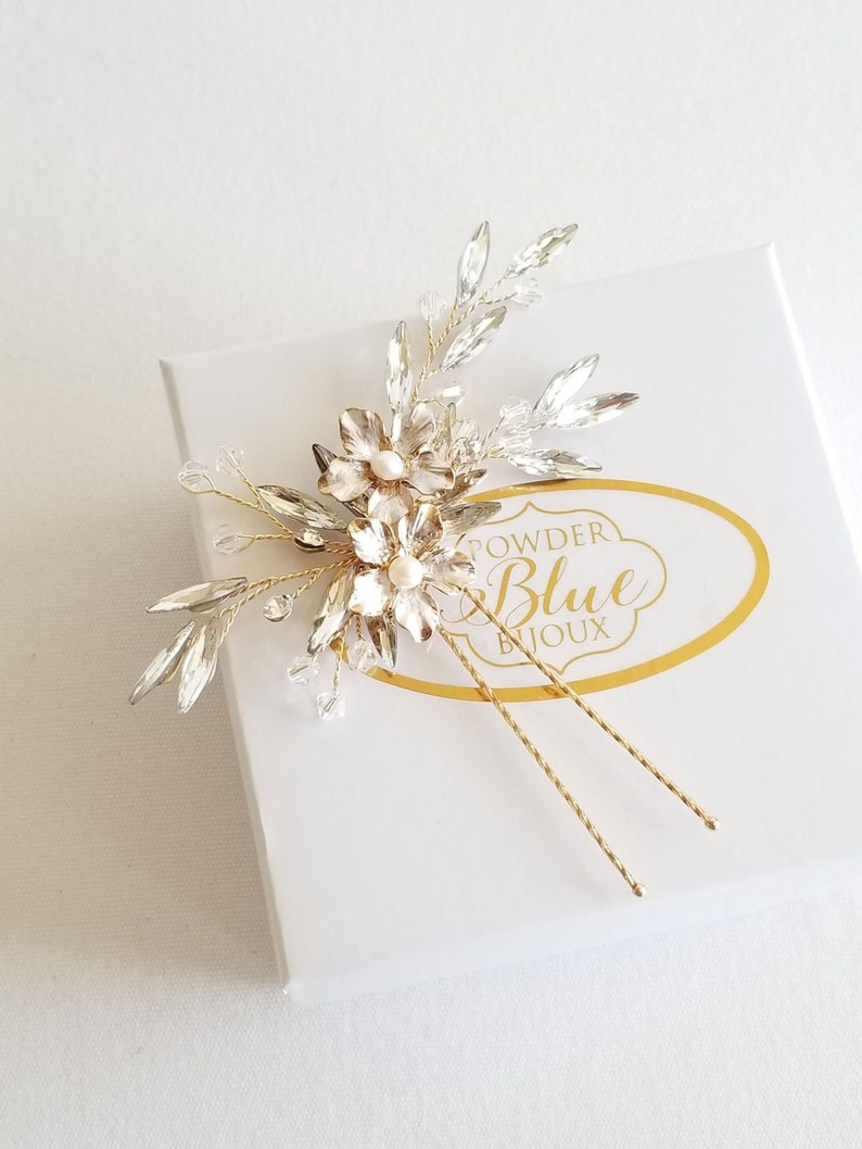 Floral Wedding Hair Pin, Gold Crystal Hair Pin For Bride, Wedding Pearl and Crystal Gold Hair Pin image 5