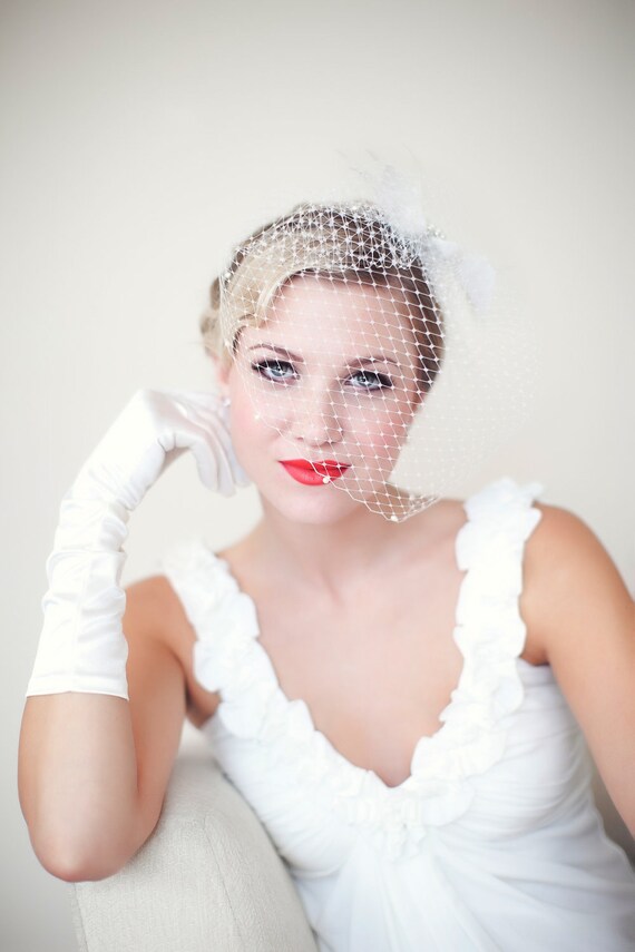 One Blushing Bride Short Birdcage Wedding Veil with Crystals and Rhinestones White / No Beading