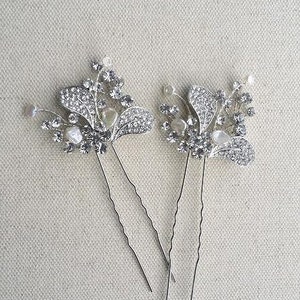 Wedding Hair Pins Crystal with Freshwater Pearls, Silver Floral Bridal Hair Sticks with Pearls image 4
