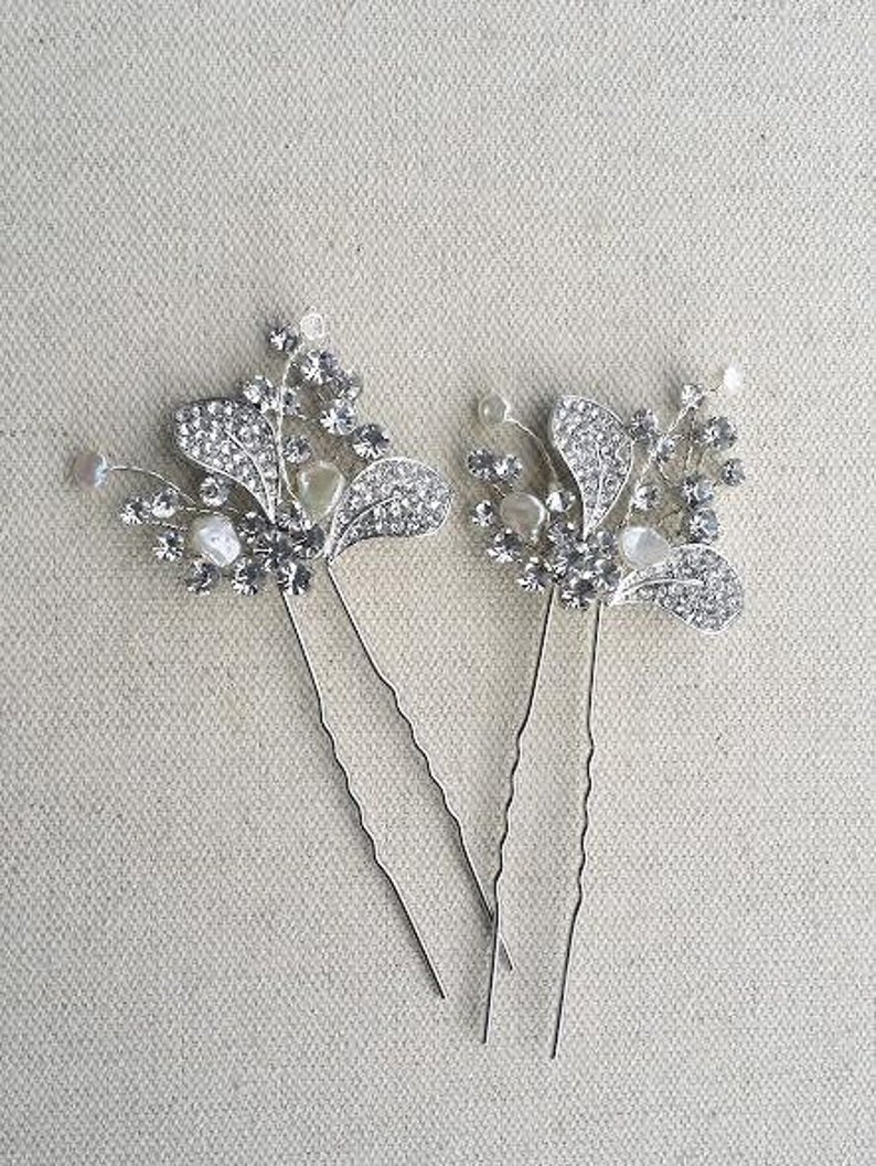 Wedding Hair Pins Crystal with Freshwater Pearls, Silver Floral Bridal Hair Sticks with Pearls image 4