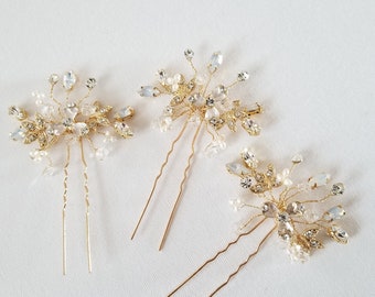 Gold Wedding Hair Pins, Floral Bridal Hair Pins, White Opal Crystals & Pearl Hair Pins For Bride, Crystal Bridal Hair Pins