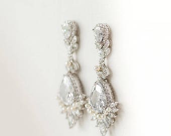 Wedding Earrings Set, Brides Necklace and Earrings, Rose Gold Bridal Earrings, CZ Long Drop Bridal Earrings, Chandelier CZ Earrings