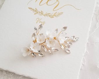 Gold Floral Wedding Hair Clip, Porcelain Flowers, Crystal Rhinestones