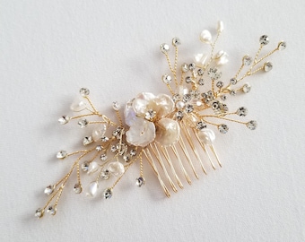 Gold Pearl Bridal Hair Comb, Pearl Crystal Hair Comb, Pearl Wedding Hair Comb, Wedding Hairpiece Comb