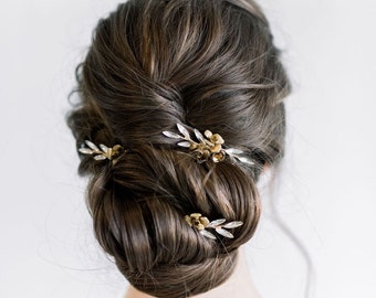 Crystal Gold Bridal Hair Pins, Wedding Crystal Gold Hair Pins, Bridal Hair Pins with Crystal Twigs, Brass Rose Hair Pins For Bride