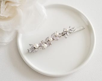 Freshwater Pearl Hair Clip, Cubic Zirconia, Bridal Bobby Pin