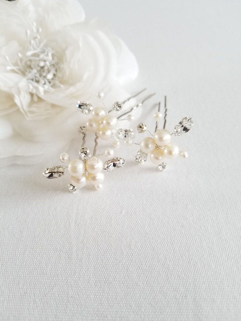 Pearl Bridal Hair Pins, Wedding Hair Pins, Real Freshwater Pearl Hair Pin Set, Crystal Pearl Hair Pin Set For The Bride image 7