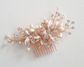 Rose Gold Wedding Hair Comb, Pearl Wedding Headpiece, Crystal Pearl Bridal Comb, Gold Bridal Headpiece, Rose Gold Pearl Bridal Comb